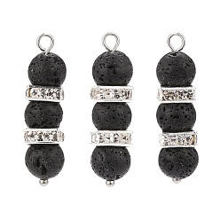 Lava Rock Natural Lava Rock Pendants, with Platinum Tone Brass Crystal Rhinestone Spacer Beads, Column Charms, 33x8x8mm, Hole: 2.3mm