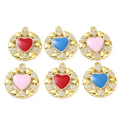 Mixed Color Brass Micro Pave Clear Cubic Zirconia Pendants, with Enamel, Real 18K Gold Plated, Flower with Heart Charms, Mixed Color, 20.5x18x2.5mm, Hole: 1.8mm