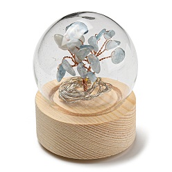 Aquamarine LED Glass Crystal Ball Ornament, with Natural Aquamarine Chips Money Tree inside, Reiki Energy Stone Desktop Office Table Decor, 52x65mm