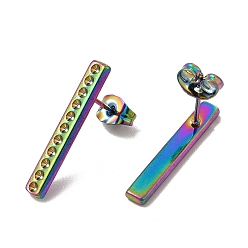 Rainbow Color Ion Plating(IP) 304 Stainless Steel Stud Earring Findings, Rhinestone Settings, Rectangle, Rainbow Color, Fit for 1mm rhinestone, 22x3.5mm, Pin: 0.8mm