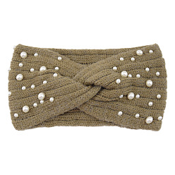 Dark Khaki Acrylic Fiber Knitted Yarn Warmer Headbands, with Plastic Imitation Pearl, Soft Stretch Thick Cable Knit Head Wrap for Women, Dark Khaki, 210x110mm