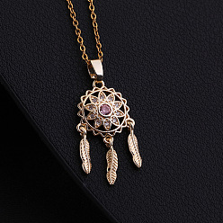 D Boho Fringe Dreamcatcher Pendant Necklace with CZ Stones, Gold Plated Sweater Chain Jewelry