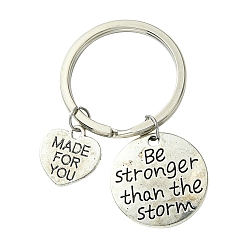 Античное Серебро Сплав брелок, с железной фурнитурой, плоские круглые и сердца, античное серебро, 5.3 см