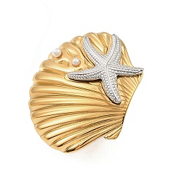 Золотой & Цвет Нержавеющей Стали 304 открытые кольца манжеты из нержавеющей стали, с пластиковой жемчужины, формы раковины, золотые и нержавеющая сталь цвет, размер США 6 1/4 (16.7 мм)