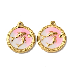 Pink 304 из нержавеющей стали горный хрусталь подвески, Эмаль стиле, плоский круглый с подвесками в виде дельфинов, вакуумное покрытие pvd, реальный 18 k позолоченный, розовые, 20x17.5x3 мм, отверстие : 1.4 мм