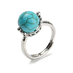 Синтетическая Бирюза Круглые регулируемые кольца из окрашенной синтетической бирюзы, платиновое латунное кольцо, размер США 7 1/4 (17.5 мм)
