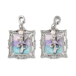 Платина Подвески из латунного стекла разного цвета, Прямоугольник с цветком, с имитацией жемчуга из АБС, эмалью и петлей, платина, 33.5x26.5x7.5 мм, отверстие : 5.5x5 мм