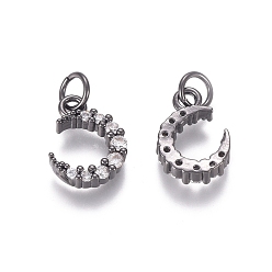 Черный Цвет Металла Латунные микропаве прозрачные кубические циркониевые подвески, с прыжковых колец, луна, металлический черный , 12.5x9x3 мм, Перейти кольцо: 5x0.7 мм, внутренний диаметр: 3.6 мм