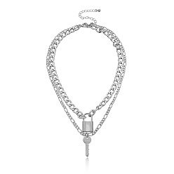 White K Geometric Lock Pendant Necklace for Women with Double Layered Aluminum Chain and Key Charm - Fashionable Statement Jewelry