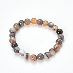 Gray Natural Striped Agate/Banded Agate Beaded Stretch Bracelets, Dyed, Round, Gray, 2-1/8 inch(55mm)