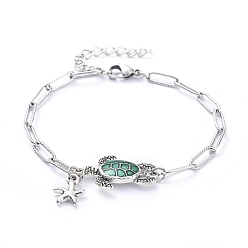 Stainless Steel Color Charm Bracelets, with Alloy Starfish Charms and Alloy Enamel Sea Turtle Links, 304 Stainless Steel Paperclip Chains and Lobster Claw Clasps, Stainless Steel Color, 7-1/2 inch(19.2cm)