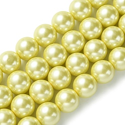 Pale Goldenrod Eco-Friendly Glass Pearl Beads Strands, Grade A, Round, Dyed, Cotton Cord Threaded, Pale Goldenrod, 12mm, Hole: 1.2~1.5mm, about 34pcs/strand, 15.7 inch