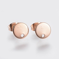 Rose Gold Ion Plating(IP) 304 Stainless Steel Stud Earring Findings, with Loop and Flat Plate, Ear Nuts/Earring Backs, Flat Round, Rose Gold, 8x1mm, Hole: 1.2mm, Pin: 0.8mm