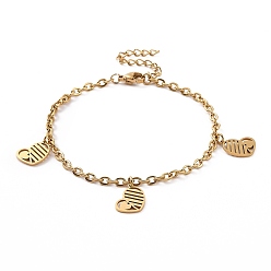 Golden 304 Stainless Steel Heart Charm Bracelet with Cable Chains for Valentine's Day, Golden, 7-1/8 inch(18cm)
