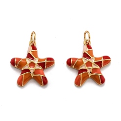 Coral Brass Enamel Pendants, with Jump Ring, Long-Lasting Plated, Real 18K Gold Plated, Starfish, Coral, 18x16x3mm, Hole: 3.8mm