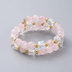 Rose Quartz Two Loops Fashion Wrap Bracelets, with Natural Rose Quartz Beads, Cube Glass Beads, Lotus Flower 304 Stainless Steel Charms and Iron Spacer Beads, 2 inch(5cm)