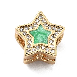 Средний Весенно-Зеленый Стойка покрытие латунь с кубическим цирконием европейские бусины и эмаль, звезда, бусины с большим отверстием, долговечный, без свинца и без кадмия, средний весенний зеленый, 12x12x8 мм, отверстие : 4.5 мм