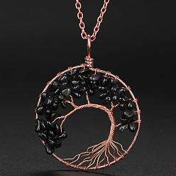 Obsidian Natural Obsidian Chip Tree of Life Pendant Necklaces, Alloy Cable Chain Necklace for Women, 20-7/8 inch(53cm)