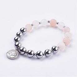 Aventurin Bereifte natürliche Aventurin-Stretch-Armbänder, mit galvanisch nichtmagnetischen synthetischen Hämatit Perlen & 304 Edelstahl Charms, Baum des Lebens, 2 Zoll (51 mm)