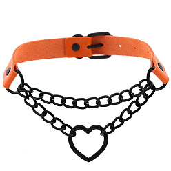 Orange (Spades) Fashionable Heart-shaped Black Chain Collar Necklace with Lock, PU Leather Material