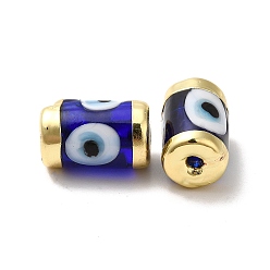 Medium Blue Handmade Evil Eye Lampwork Beads, with Light Gold Tone Brass Findings, Long-Lasting Plated, Lead Free and Cadimum Free, Column, Medium Blue, 14.5~15x9~9.5mm, Hole: 1.8mm
