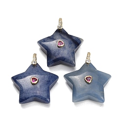Blue Aventurine Natural Blue Aventurine Pendants, Star Charms, with Brass Pave Cubic Zirconia Findings, Golden, Dyed & Heated, 30~32.5x31.5~34x11~12.5mm, Hole: 6x7mm