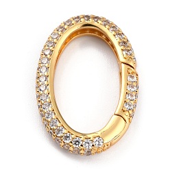 Clear Brass Micro Pave Cubic Zirconia Spring Gate Rings, Long-Lasting Plated, Oval, Golden, Clear, 18.5x29.5x4mm, Hole: 22x12mm