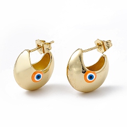 Dark Orange Enamel Crescent Moon with Evil Eye Stud Earrings, Real 18K Gold Plated Brass Half Hoop Earrings for Women, Dark Orange, 16.5x18mm, Pin: 1mm
