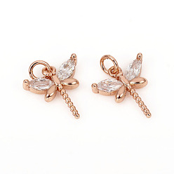 Розовое Золото Латунные микро проложить кубического циркония прелести, с прыжковых колец, стрекоза, прозрачные, розовое золото , 11.8x10.5x2.5 мм, кольца прыжок: 4x0.8 мм, 2.5 мм внутренним диаметром