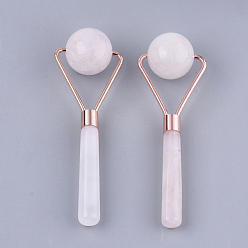 Rose Quartz Natural Rose Quartz Massage Tools, Facial Rollers, with Brass Findings, Rose Gold, 135x45x30mm