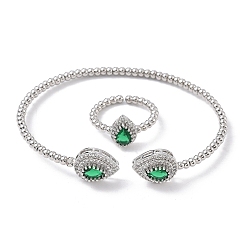 Морско-зеленый Наборы из каплевидных латунных браслетов-манжет и колец с микропаве из кубических цирконий для женщин, стойки покрытие, платина, цвета морской волны, браслет: 3~11ширина мм, 59x53 мм внутренним диаметром