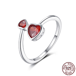 Red 925 Sterling Silver Finger Ring, Double Heart Cubic Zirconia Cuff Ring for Women, with S925 Stamp, Red, 1.5~10mm, US Size 8 1/2(18.5mm)