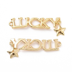 Real 18K Gold Plated Brass Connector Charms, Word Lucky with Star, Real 18K Gold Plated, 14x40x1.5mm, Hole: 1.6mm