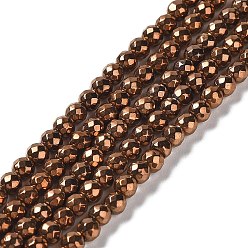 Copper Plated Non-magnetic Synthetic Hematite Beads Strands, Vacuum Plating, Faceted(128 Facets), Round, Red Copper Plated, 4mm