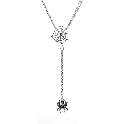 Antique Silver Halloween Themed Tibetan Style Alloy Spider & Net Pendant Lariat Necklace for Women, Antique Silver, 19.29 inch(49cm)