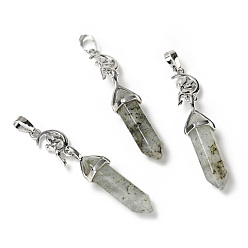 Labradorite Natural Labradorite Double Terminated Pointed Big Pendants, with Platinum Tone Brass Findings, Cadmium Free & Lead Free, Moon with Fairy & Bullet, Faceted, 62~66mm