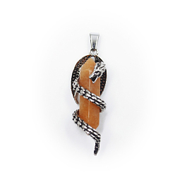 Red Aventurine Natural Red Aventurine Double Terminal Pointed Pendants, Dragon Charms with Faceted Bullet, with Antique Silver Tone Alloy Findings, 39x15mm