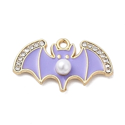 Средний Фиолетовый Подвески из эмали и сплава, летучая мышь, со стразами и пластиковой имитацией жемчуга, золотые, средне фиолетовый, 14.5x25x5 мм, отверстие : 1.6 мм