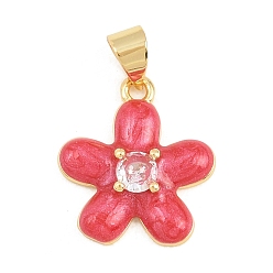 Светло-Вишневый Латунные микропаве прозрачные подвески с фианитом, с эмалью, , долговечный, стойки покрытие, без свинца и без кадмия, реальный 18 k позолоченный, светло-вишневый, 17x15.5x4 мм, отверстие : 4x3.5 мм