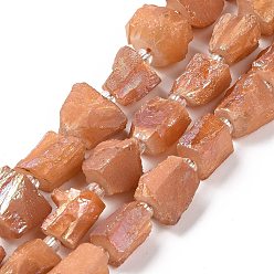 Coral Electroplated Natural Quartz Beads Strands, Hexagon Prism, Irregular Shape, Coral, 8~13x10~14x6~11mm, Hole: 1mm, about 15~16pcs/strand, 7.8~8 inch(20~20.5cm)