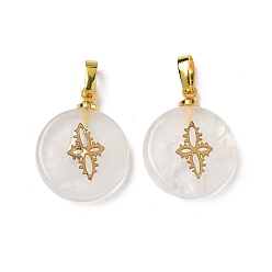 Хрусталь Природного кварца хрустальных подвесок, плоские круглые подвески из горного хрусталя с золотистым оттенком 304 кусочки цветов из нержавеющей стали и латунные застежки-кнопки, 19~20.2x16~16.3x3.3~4.2 мм, отверстие : 6x3 мм