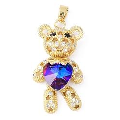 Blue Real 18K Gold Plated Rack Plating Brass Micro Pave Cubic Zirconia Pendants, with Glass, Long-Lasting Plated, Cadmium Free & Lead Free, Bear with Star Pattern, Blue, 38x19.5x9mm, Hole: 3.5x5mm