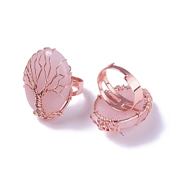 Rose Quartz Adjustable Natural Rose Quartz Finger Rings, with Rose Gold Brass Findings, Oval, Size 8, 18mm