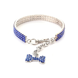 Sapphire Adjustable 3-Row Alloy Rhinestone Cup Chain Pet Collars, Dog Bone Pendant Cat Dog Choker Necklace, Sapphire, 200mm