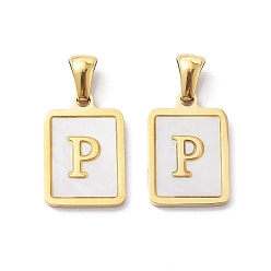 Letter P Ion Plating(IP) 304 Stainless Steel Pave Shell Pendants, Rectangle Charm, Real 18K Gold Plated, Letter P, 17.5x12x1.5mm, Hole: 3x5mm