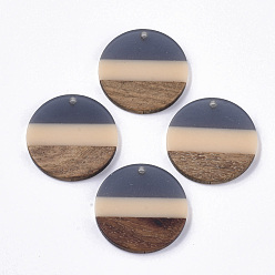 Gray Two Tone Transparent Resin & Walnut Wood Pendants, Flat Round, Gray, 28x3.5mm, Hole: 2mm