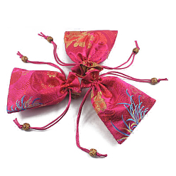 Cerise Chinese Style Flower Pattern Satin Jewelry Packing Pouches, Drawstring Gift Bags, Rectangle, Cerise, 14.5x10.5cm