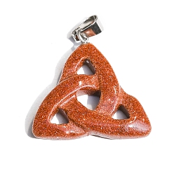 Goldstone Saint Patrick's Day Synthetic Goldstone Pendants, Triquetra Knot Charms with Platinum Plated Metal Snap on Bails, 34x6mm