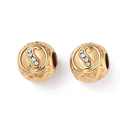 Letter S 304 Stainless Steel Rhinestone European Beads, Round Large Hole Beads, Real 18K Gold Plated, Round with Letter, Letter S, 11x10mm, Hole: 4mm