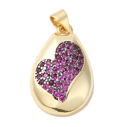 Dark Orchid Rack Plating Brass Micro Pave Cubic Zirconia Pendants, Cadmium Free & Lead Free, Long-Lasting Plated, Real 18K Gold Plated, Teardrop with Heart, Dark Orchid, 23x15x5mm, Hole: 5x3.5mm